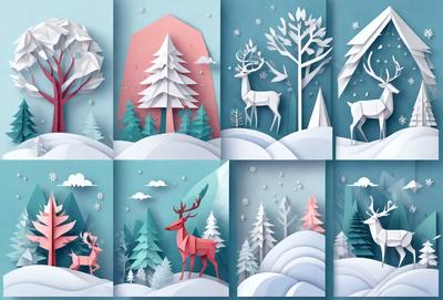 The primary subject of the image is a series of six different winter scenes featuring deer and trees. The setting is a snowy landscape, and the visual style is a combination of digital art and illustration. The dominant colors are white, pink, and blue, creating a calm and serene atmosphere.
